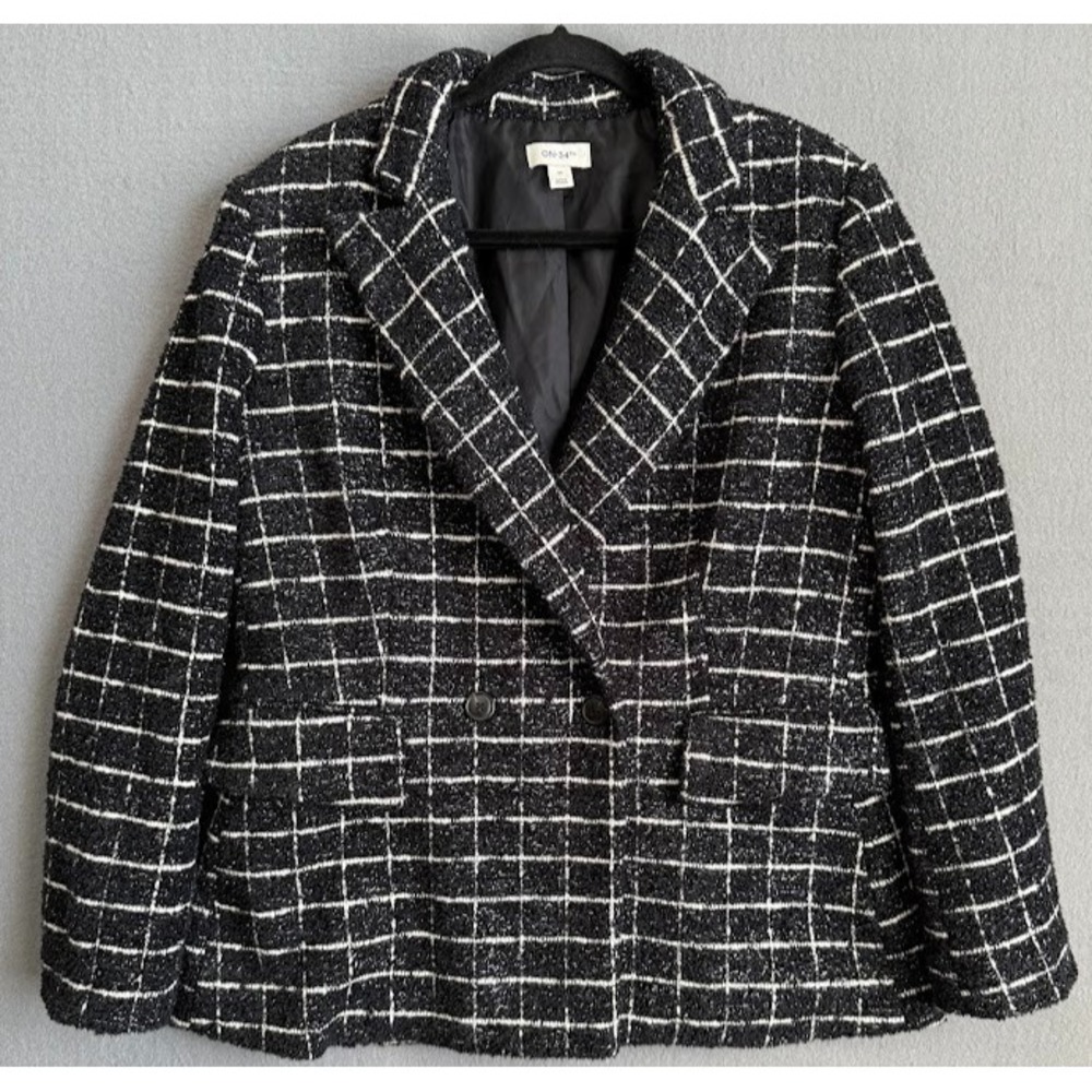 On 34th Jacket Women Size 10 Black Plaid Pockets Tweed Double Breasted Fitted‎